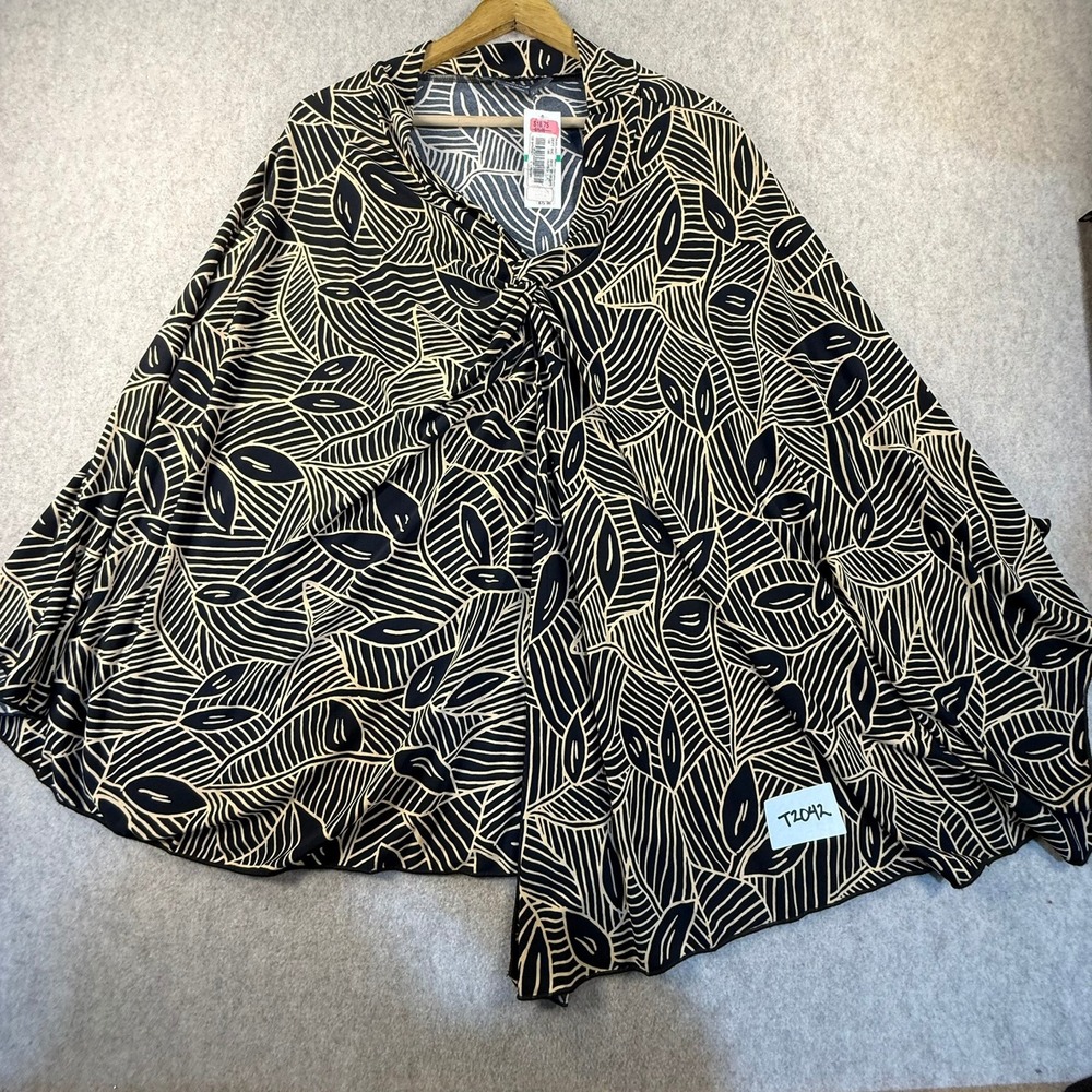 Maxime Black Tan Abstract Leaf Print Cape Top Draped Open Front Large NWT Y2K‎
